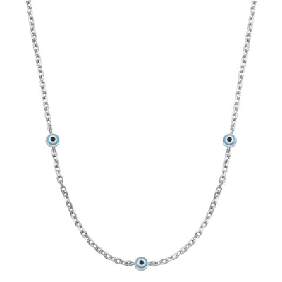 Sterling Silver Rhodium Plated Round Evil Eye Necklace-3mm