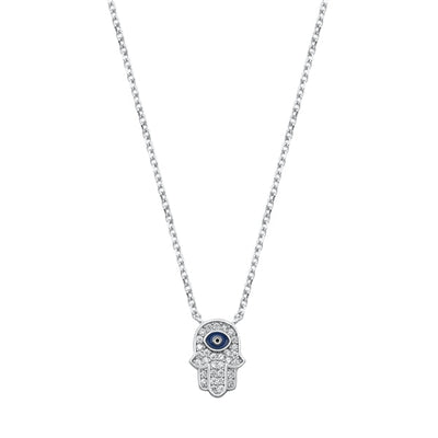 Sterling Silver Rhodium Plated Clear CZ Hamsa and Evil Eye Necklace