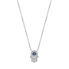 Sterling Silver Rhodium Plated Clear CZ Hamsa and Evil Eye Necklace