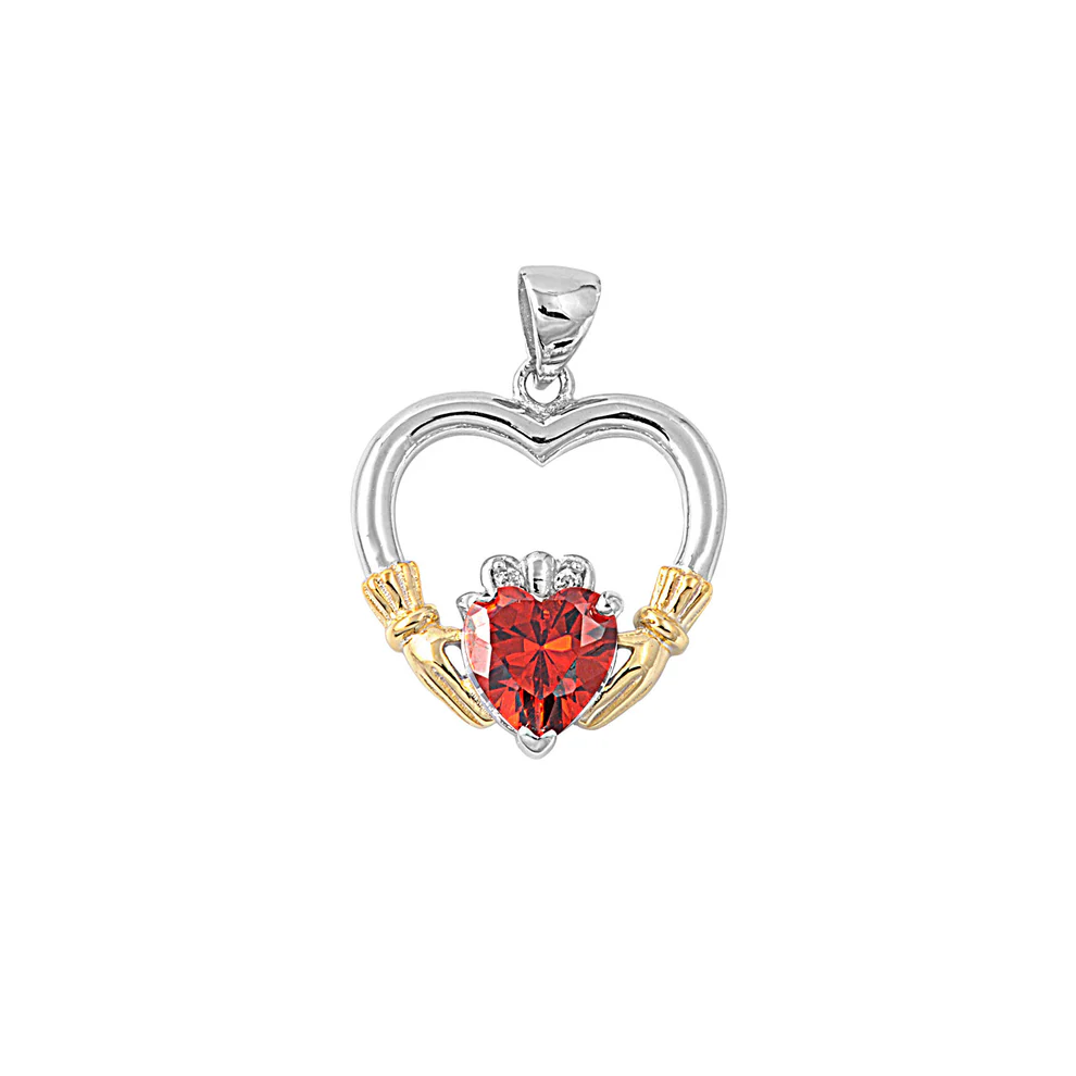 Sterling Silver Rhodium And Gold Plated Claddagh Garnet CZ Pendant