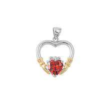 Load image into Gallery viewer, Sterling Silver Rhodium And Gold Plated Claddagh Garnet CZ Pendant