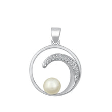 Load image into Gallery viewer, Sterling Silver Rhodium Plated Pearl And Wave Clear CZ Pendant