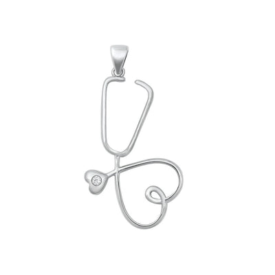 Sterling Silver Rhodium Plated Clear CZ Heart Stethoscope Pendant