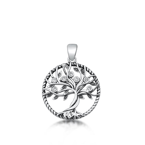 Sterling Silver Rhodium Plated Tree Of Life Clear CZ Pendant
