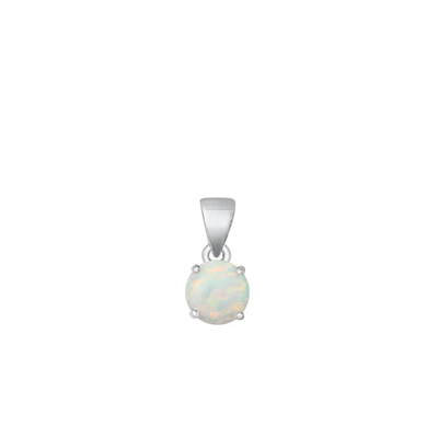 Sterling Silver Rhodium Plated Round White Lab Opal Solitaire Pendant