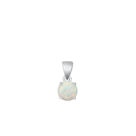 Sterling Silver Rhodium Plated Round White Lab Opal Solitaire Pendant