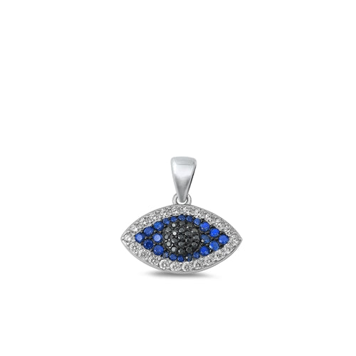 Sterling Silver Rhodium Plated Clear, Blue, and Black CZ Evil Eye Pendant