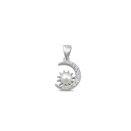 Sterling Silver Oxidized Pearl and Clear CZ Moon and Sun Pendant