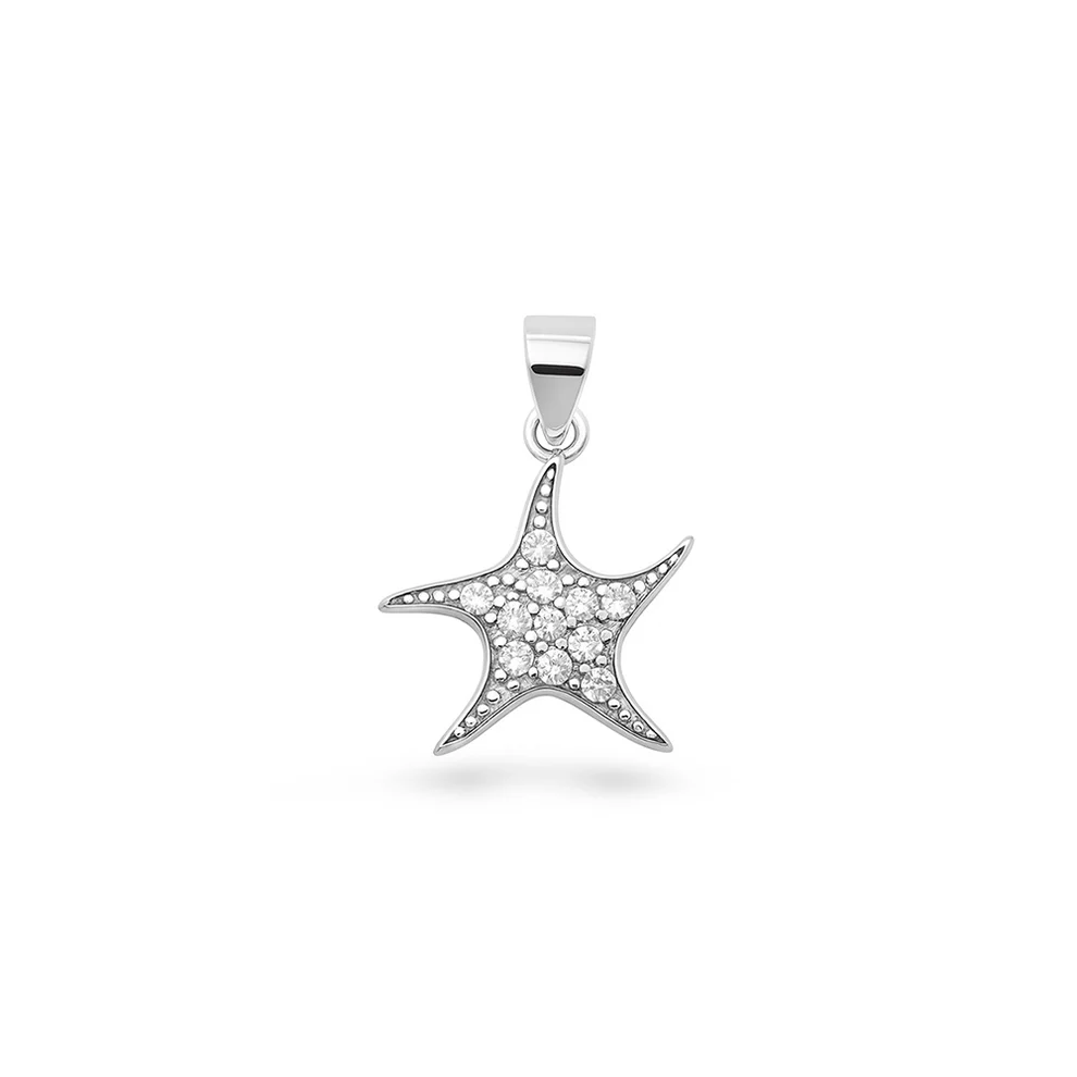 Sterling Silver Rhodium Plated Starfish Clear CZ Pendant