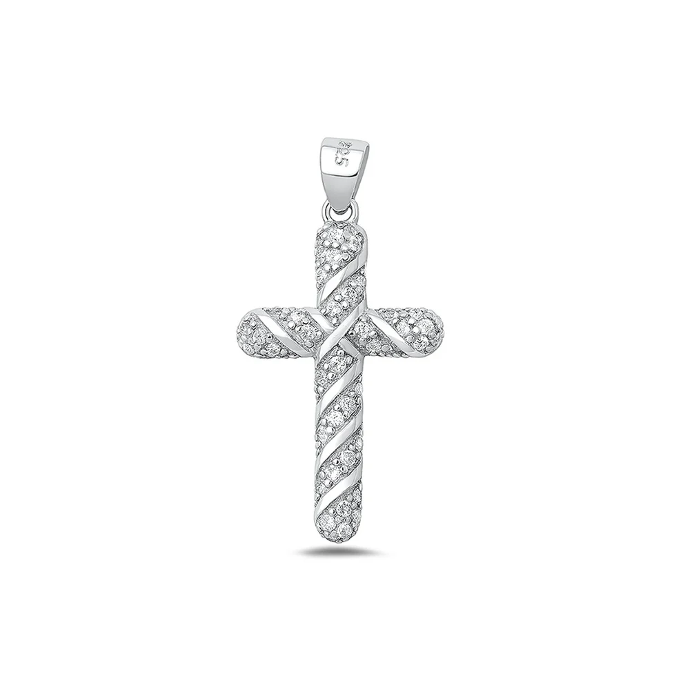 Sterling Silver Rhodium Plated 23.4mm Cross Clear CZ Pendant
