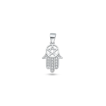 Load image into Gallery viewer, Sterling Silver Rhodium Plated Hamsa And Pentagram Clear CZ Pendant