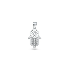 Sterling Silver Rhodium Plated Hamsa And Pentagram Clear CZ Pendant