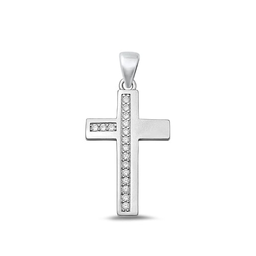 Sterling Silver Rhodium Plated Cross CZ Pendant-16.4mm