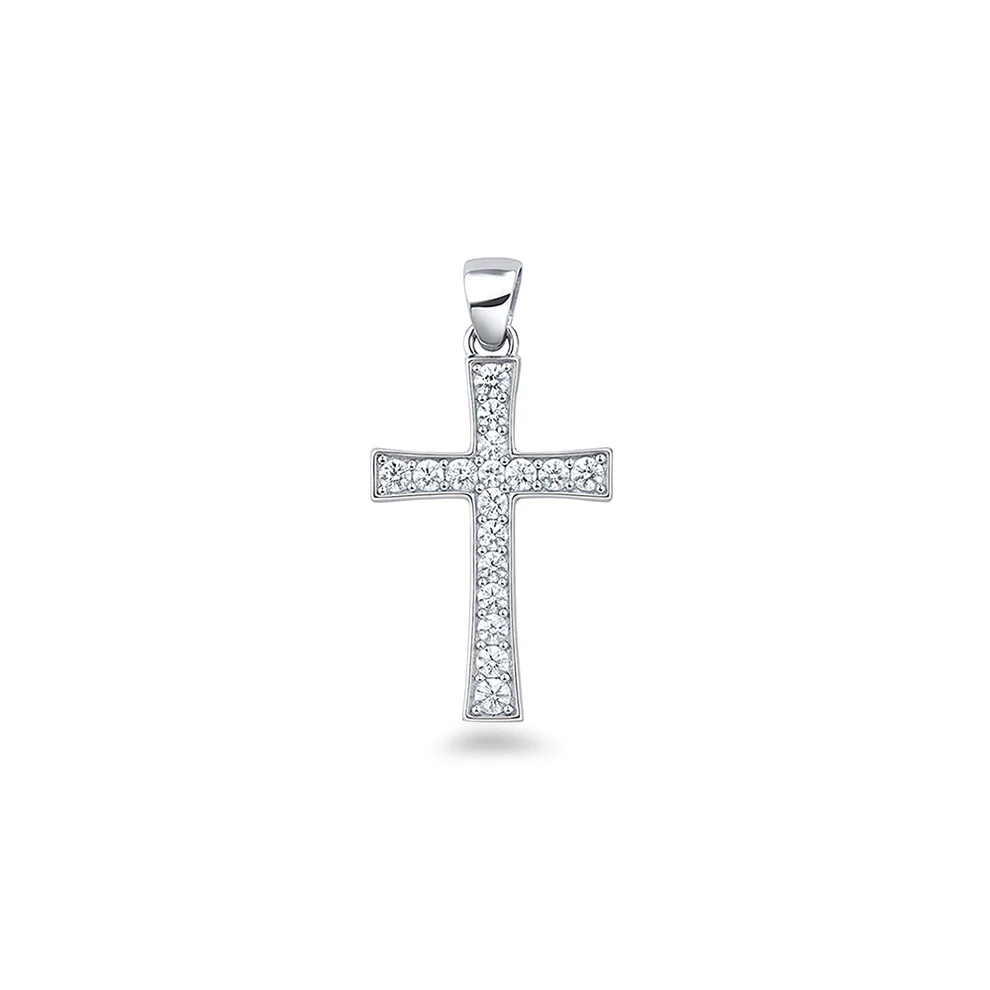Sterling Silver Rhodium Plated 19.8mm Cross Clear CZ Pendant