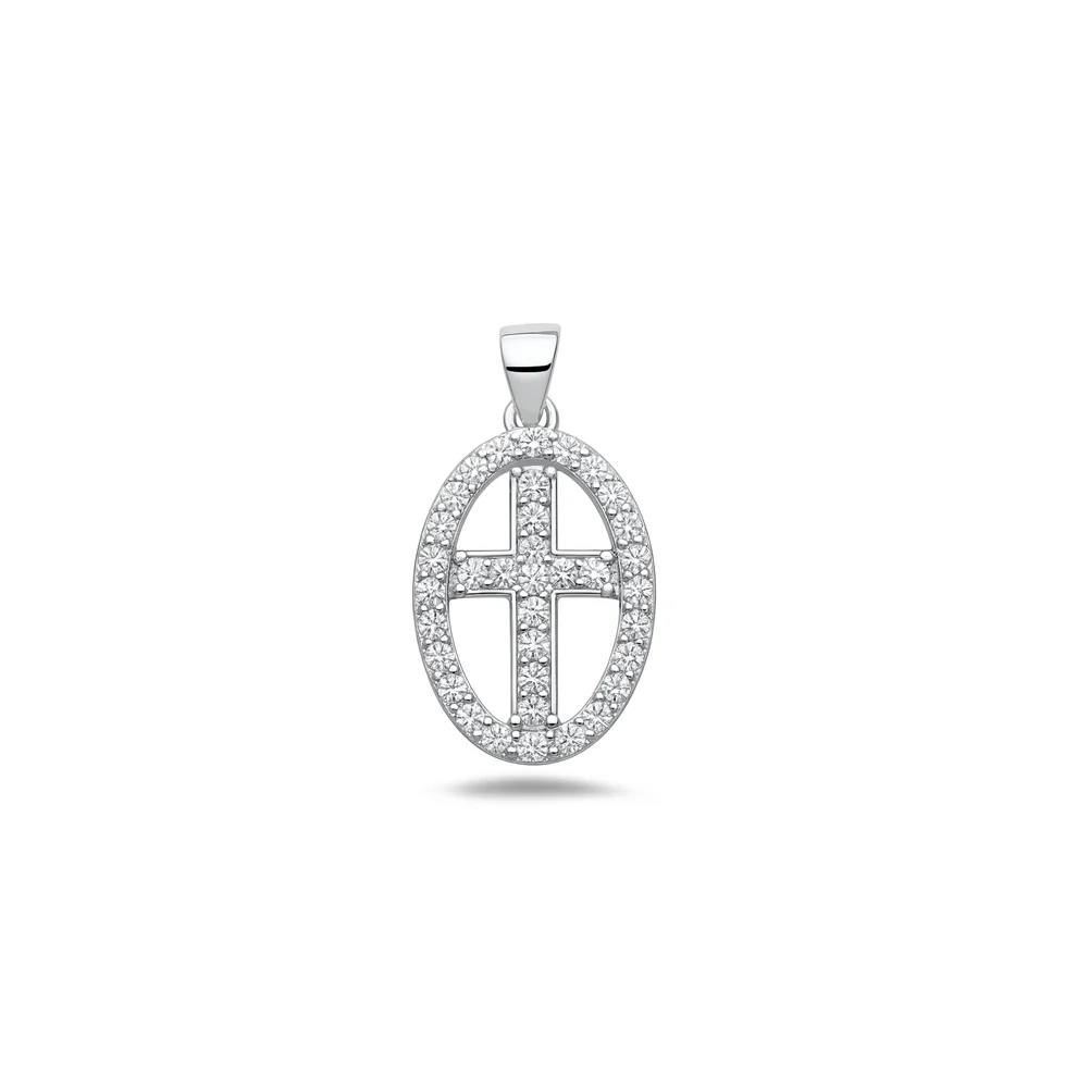 Sterling Silver Rhodium Plated Oval Cross Clear CZ Pendant