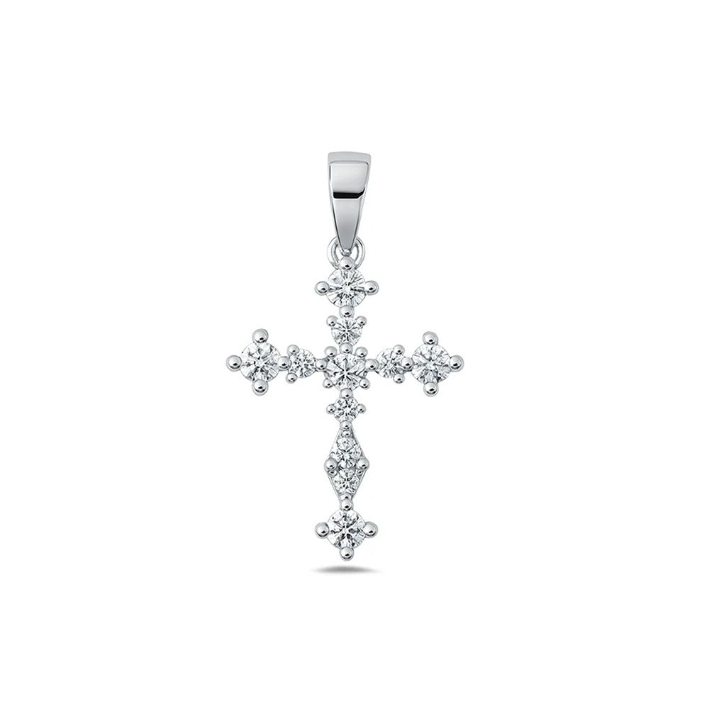 Sterling Silver Rhodium Plated Clear CZ Cross Pendant