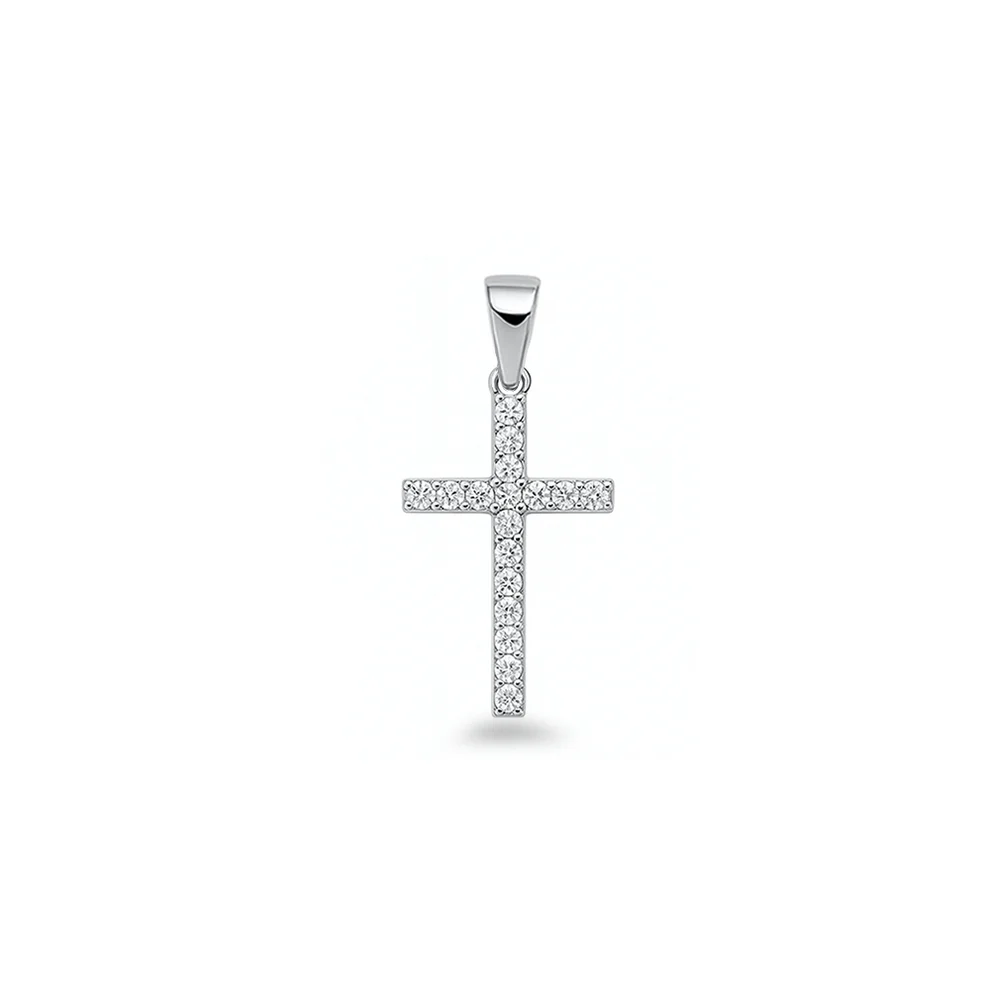 Sterling Silver Rhodium Plated 19.5mm Cross Clear CZ Pendant