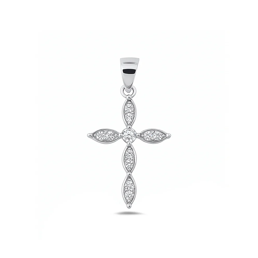 Sterling Silver Rhodium Plated 19.2mm Cross Clear CZ Pendant