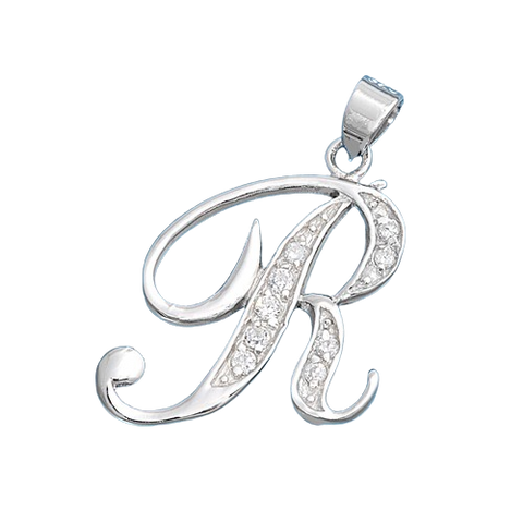 Sterling Silver Clear CZ R Initial Pendant