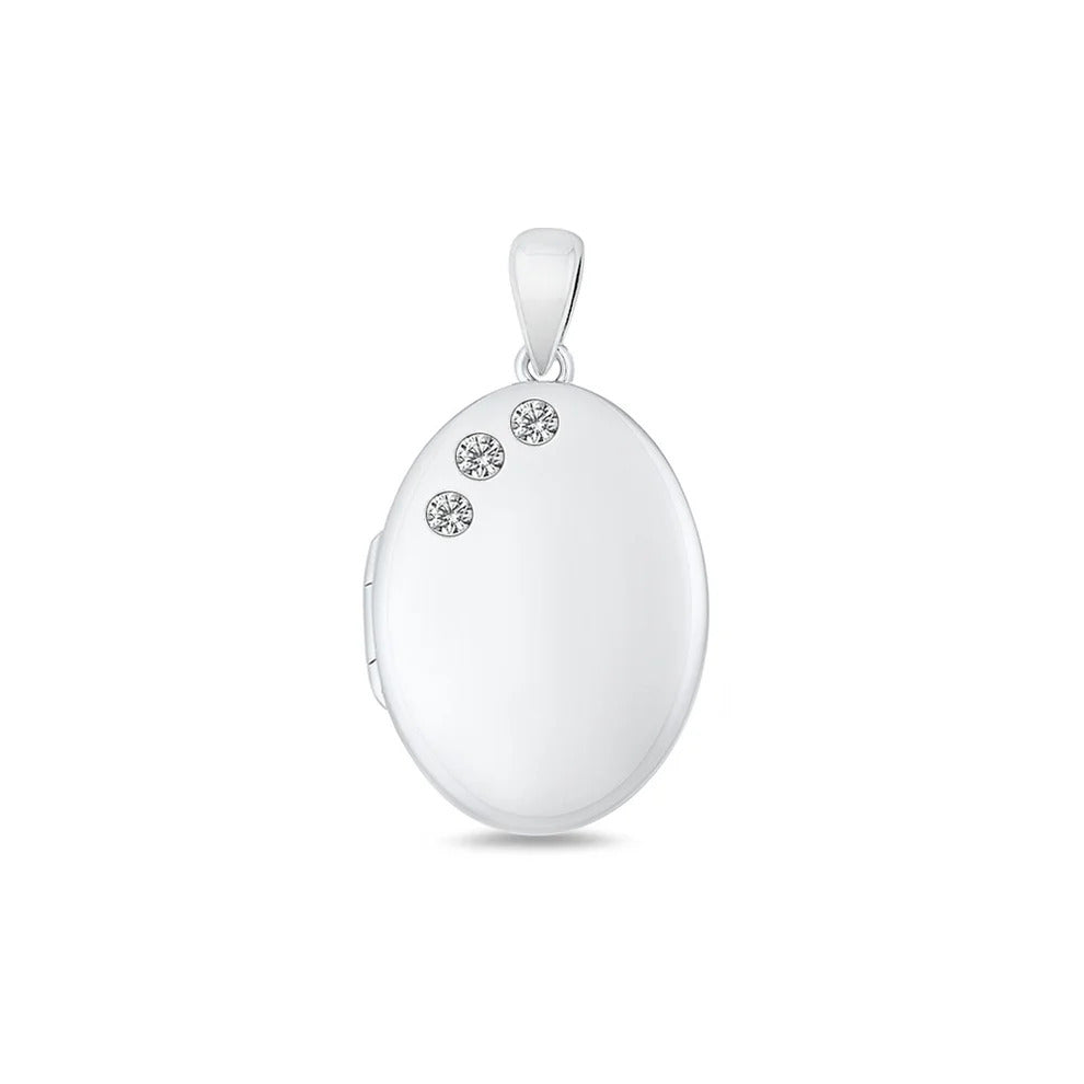 Sterling Silver Polished Clear CZ 20.4mm Oval Locket Pendant
