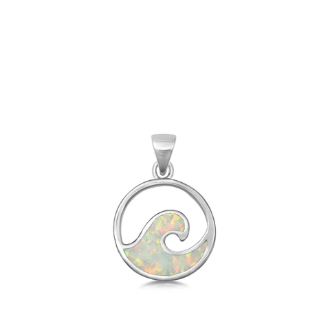 Sterling Silver White Lab Opal Wave Pendant