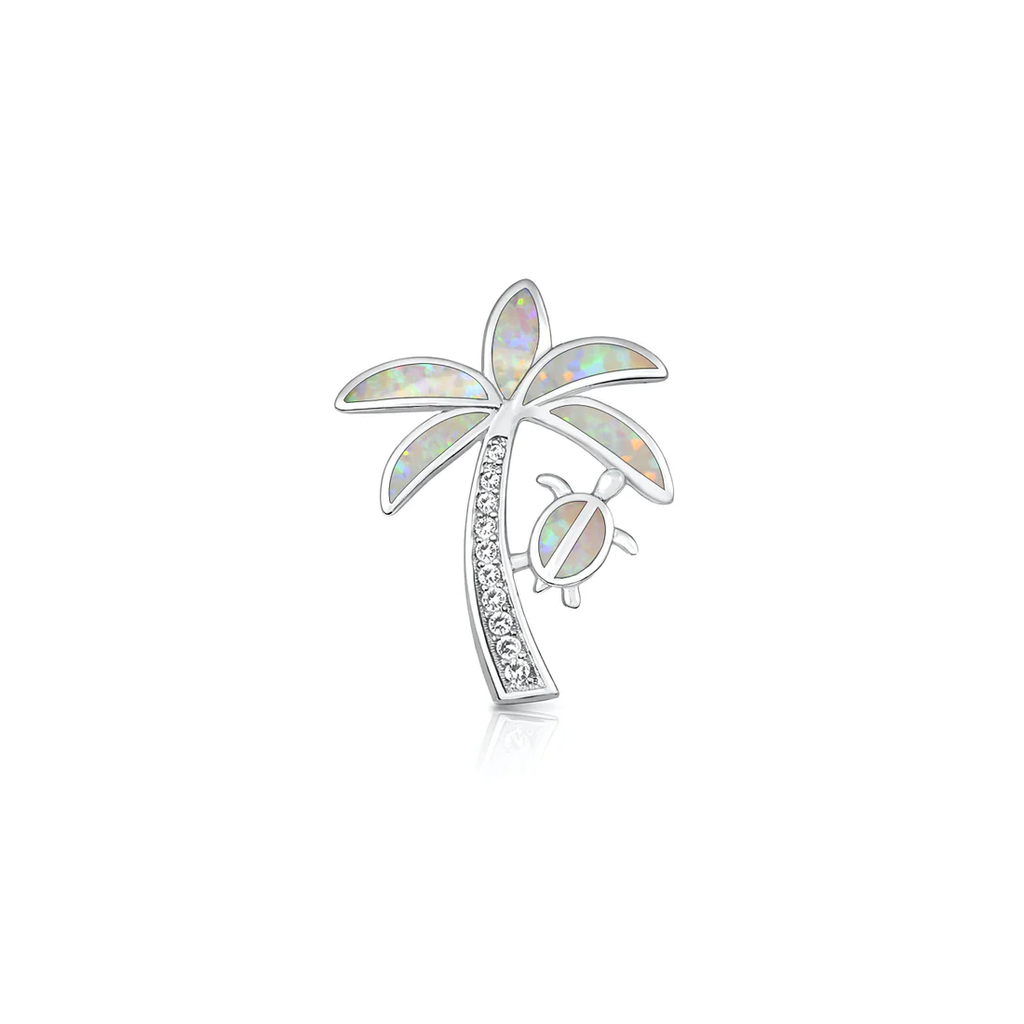 Sterling Silver Rhodium Plated Palm Tree And Turtle White Lab Opal And Clear CZ Pendant