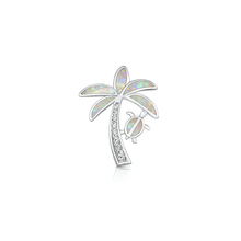 Load image into Gallery viewer, Sterling Silver Rhodium Plated Palm Tree And Turtle White Lab Opal And Clear CZ Pendant