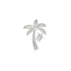 Sterling Silver Rhodium Plated Palm Tree And Turtle White Lab Opal And Clear CZ Pendant