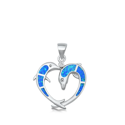 Sterling Silver Dolphin Hearts Blue Lab Opal Pendant