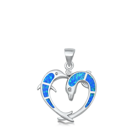 Sterling Silver Dolphin Hearts Blue Lab Opal Pendant