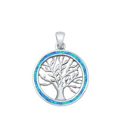 Sterling Silver Tree Of Life Blue Lab Opal Pendant
