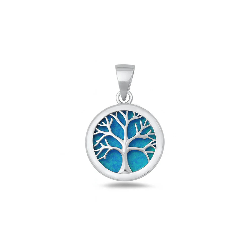 Sterling Silver Rhodium Plated Tree Of Life Blue Lab Opal Pendant