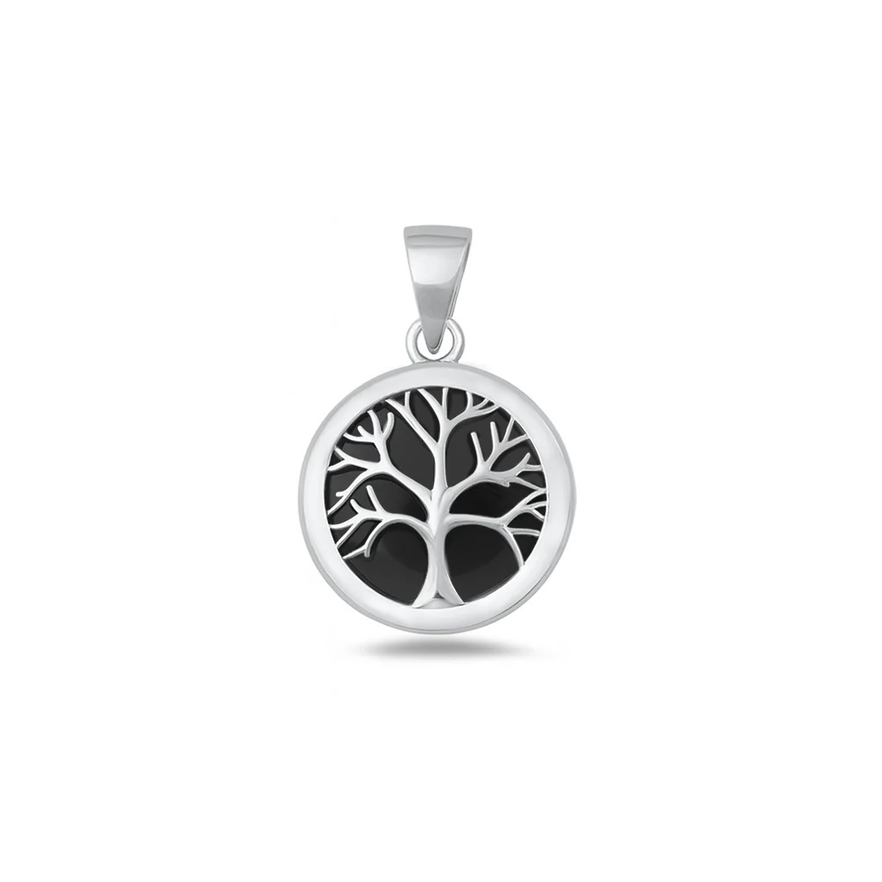 Sterling Silver Rhodium Plated Tree Of Life Black Agate Stone Pendant