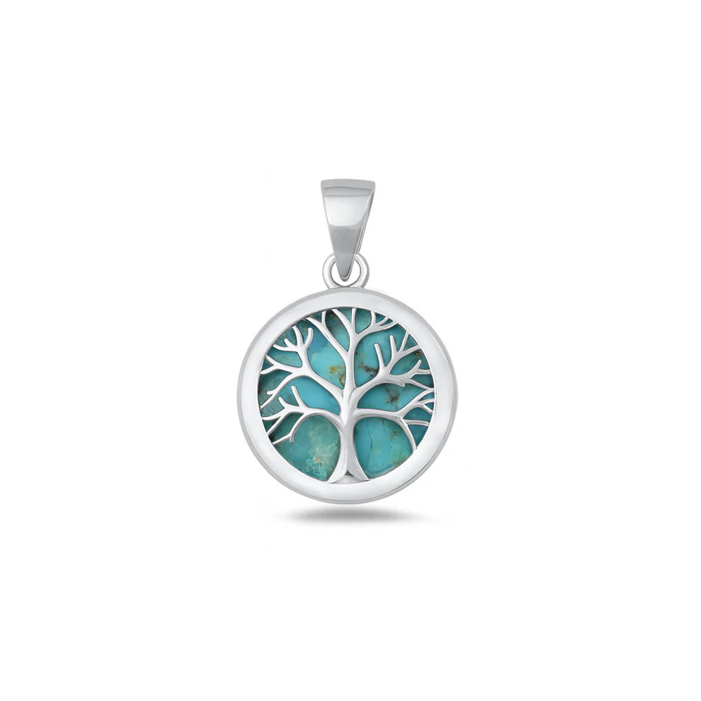 Sterling Silver Rhodium Plated Tree Of Life Genuine Turquoise Stone Pendant