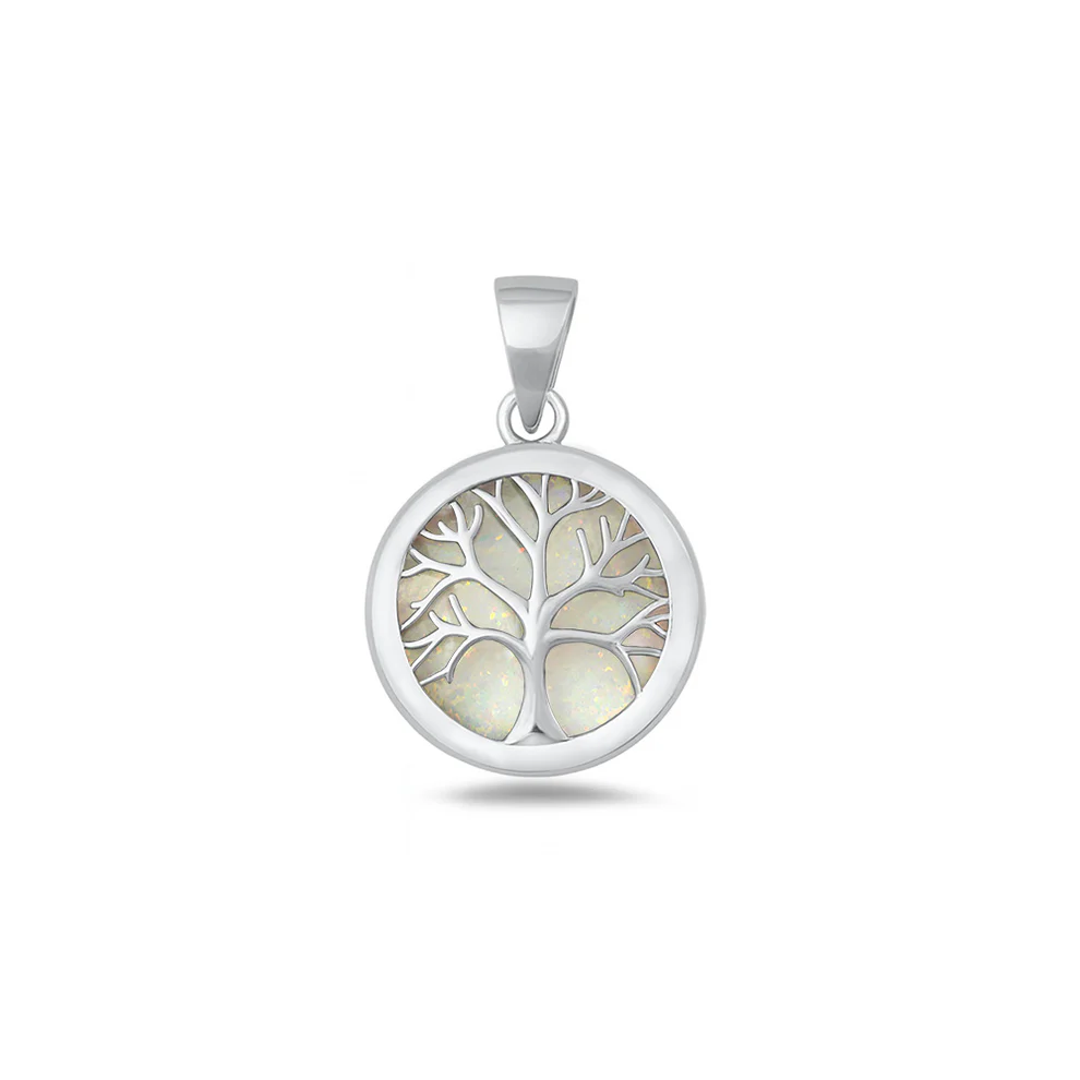 Sterling Silver Rhodium Plated Tree Of Life White Lab Opal Pendant