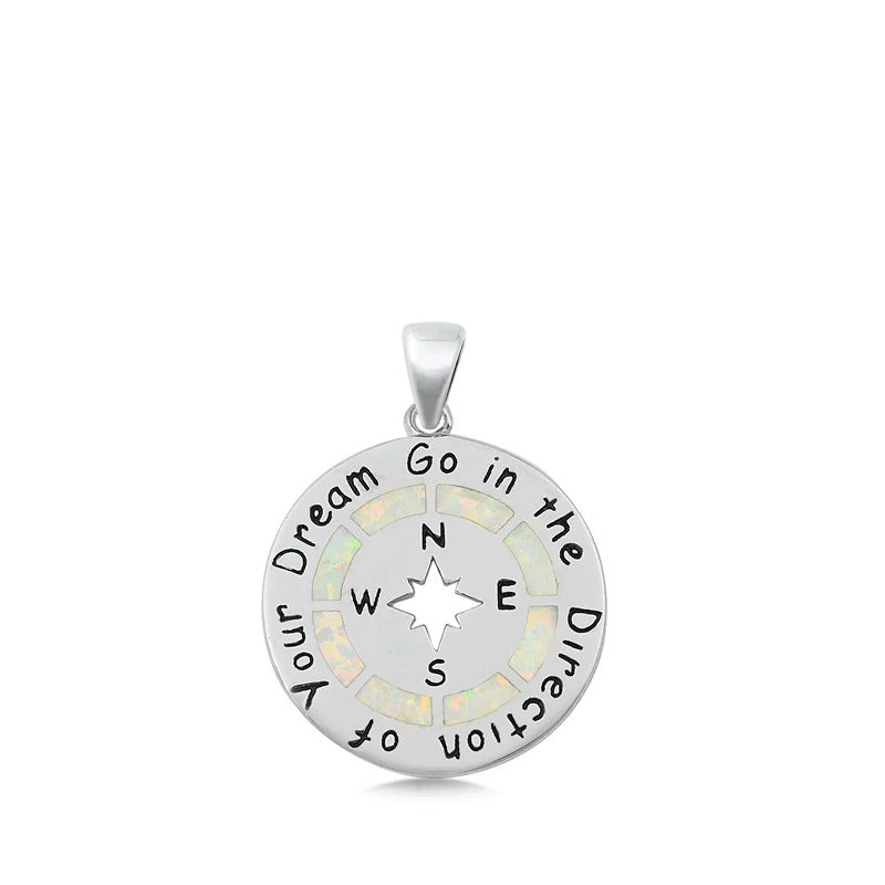 Sterling Silver White Lab Opal Compass Pendant