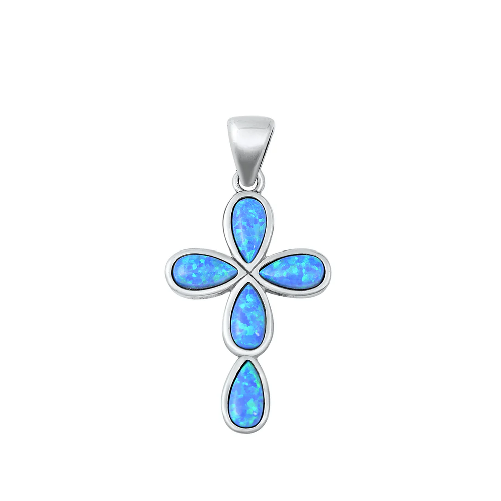 Sterling Silver Oxidized And Polished Cross Blue Lab Opal Pendant
