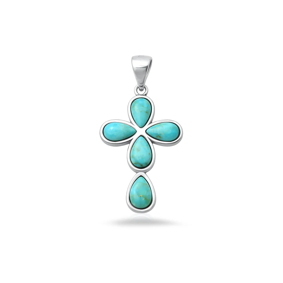 Sterling Silver Rhodium Plated Cross Turquoise Stone Pendant