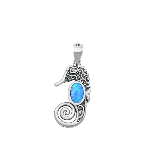 Sterling Silver Seahorse Blue Lab Opal Pendant