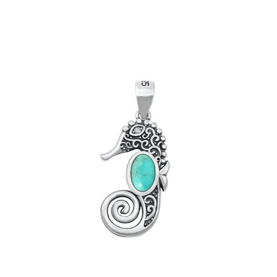 Sterling Silver Oxidized Genuine Turquoise Seahorse Pendant