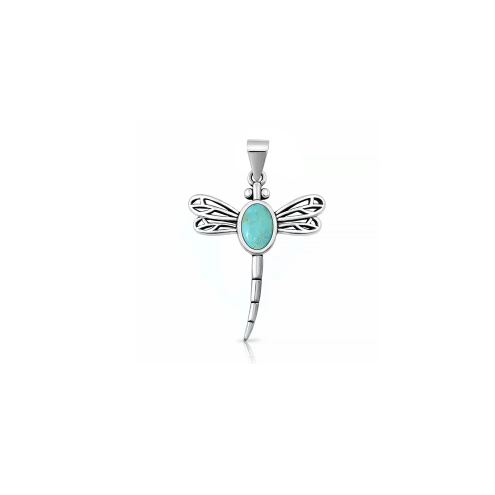 Sterling Silver Oxidized And Polished Dragonfly Genuine Turquoise Stone Pendant