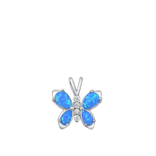 Sterling Silver Rhodium Plated Blue Lab Opal Butterfly Pendant