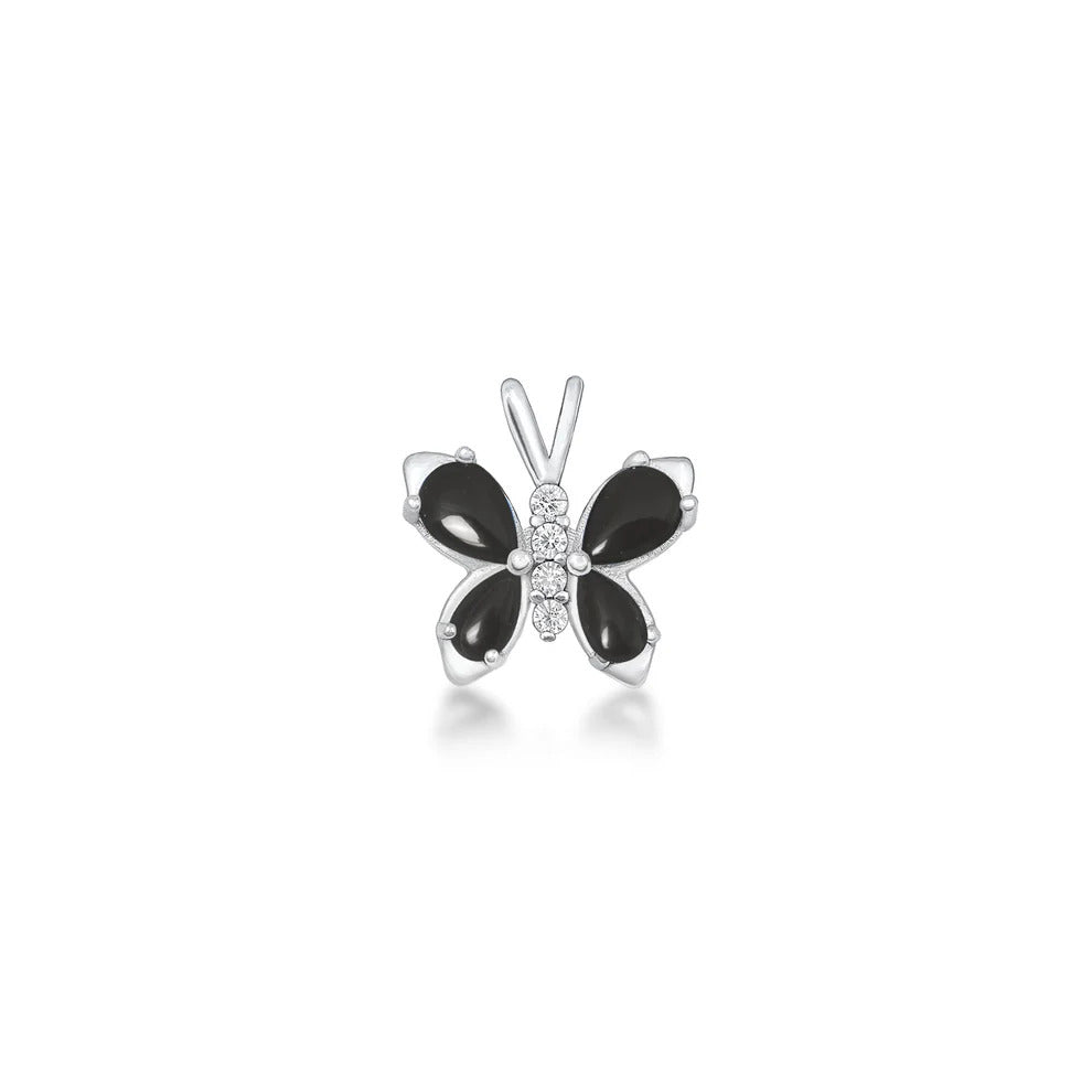 Sterling Silver Rhodium Plated Black Onyx And Clear CZ Butterfly Pendant