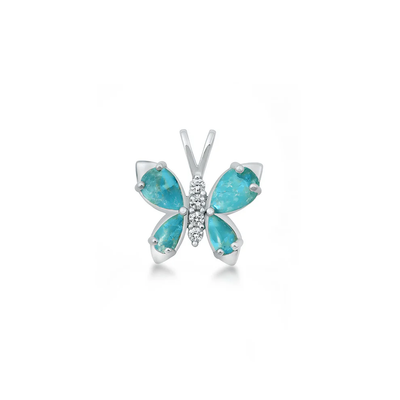 Sterling Silver Rhodium Plated Genuine Turquoise And Clear CZ Butterfly Stone Pendant