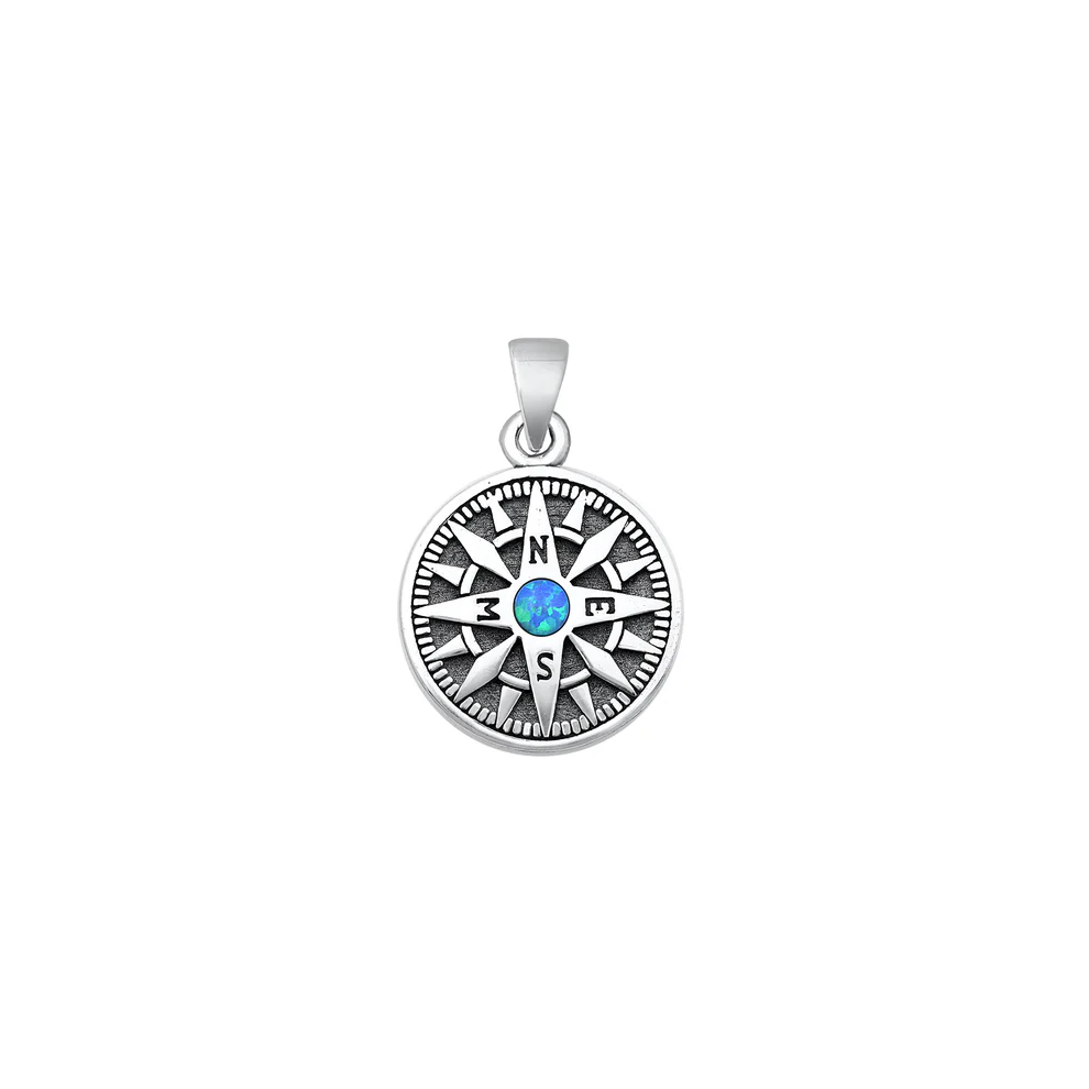 Sterling Silver Oxidized Blue Lab Opal Compass Pendant