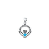 Sterling Silver Oxidized Claddagh Blue Lab Opal Stone Pendant-13mm