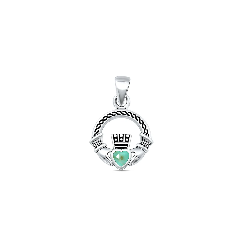 Sterling Silver Oxidized Claddagh Genuine Turquoise Stone Pendant