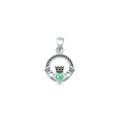 Sterling Silver Oxidized Claddagh Genuine Turquoise Stone Pendant