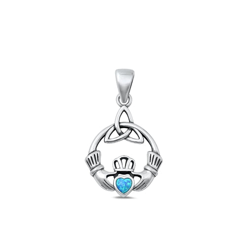 Sterling Silver Oxidized Claddagh Blue Lab Opal Stone Pendant