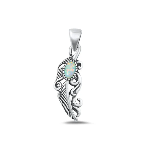 Sterling Silver Oxidized Feather White Lab Opal Pendant